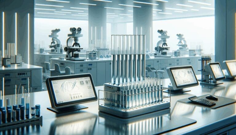 Primer plano de laboratorio con tubos de ensayo y equipos de biotecnología en uso