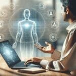 Persona interactuando con una interfaz de inteligencia artificial en una laptop sobre fondo claro