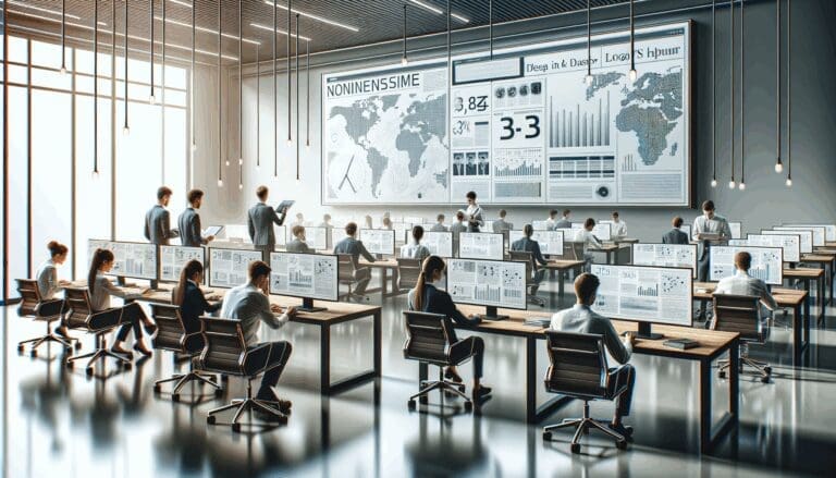 Oficina moderna con emprendedores trabajando frente a pantallas con gráficos y datos