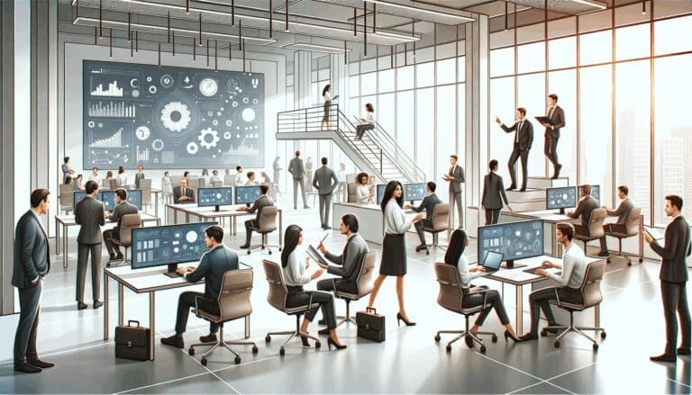 Espacio de oficina moderno con emprendedores colaborando frente a pantallas digitales