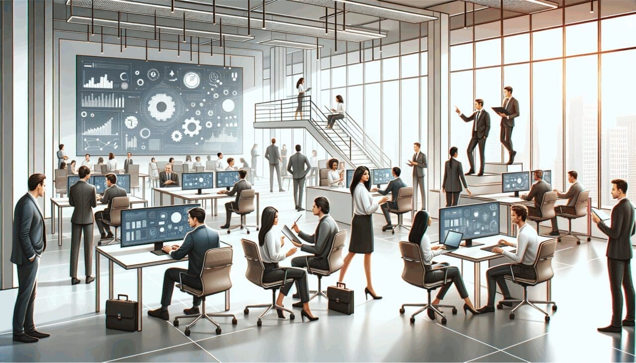 Espacio de oficina moderno con emprendedores colaborando frente a pantallas digitales