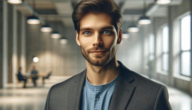 Retrato de un fundador de startup en un entorno tecnológico moderno