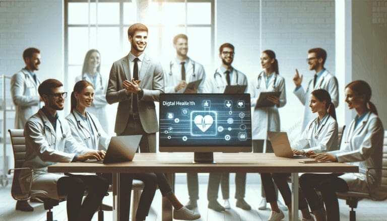 Equipo de desarrolladores en un laboratorio tecnológico de salud digital