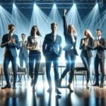 Grupo de emprendedores celebrando en un escenario moderno con iluminación azul