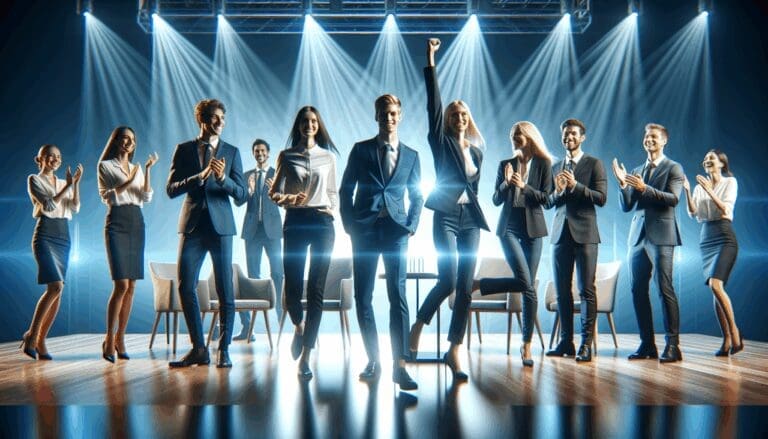 Grupo de emprendedores celebrando en un escenario moderno con iluminación azul