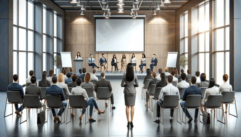 Escenario de conferencia con emprendedores presentando frente a un público en un entorno moderno