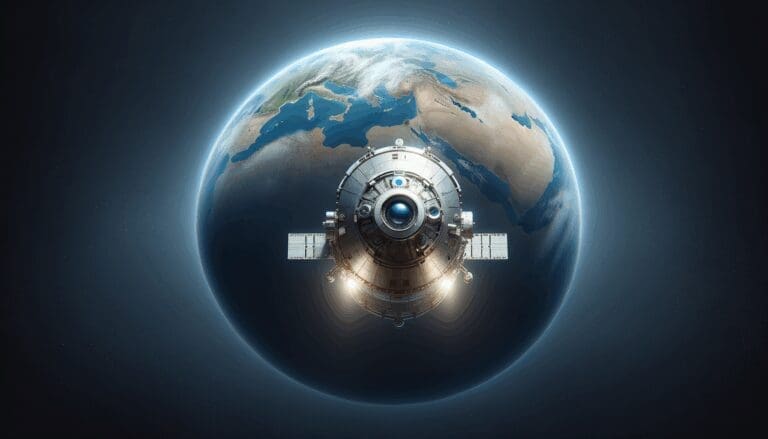 Cápsula espacial descendiendo hacia la Tierra sobre un fondo azul planetario