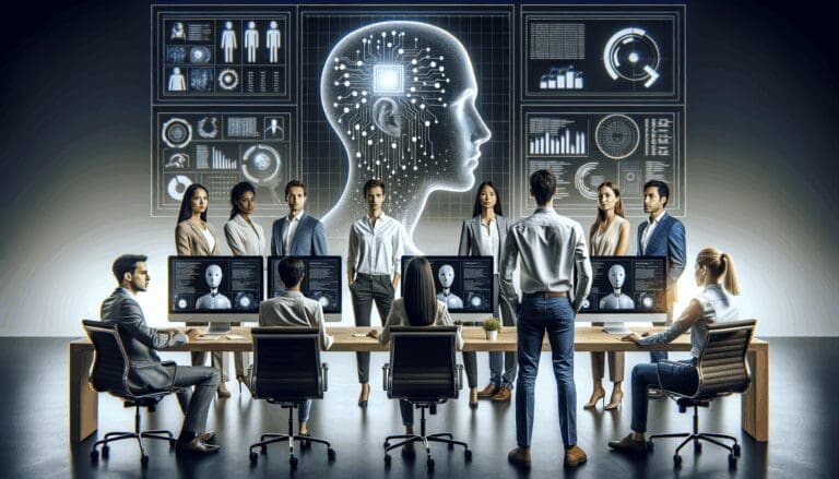 Equipo de emprendedores trabajando frente a pantallas con algoritmos de inteligencia artificial en una oficina moderna