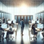 Equipo profesional trabajando en un espacio de tecnología moderna con pantallas y servidores