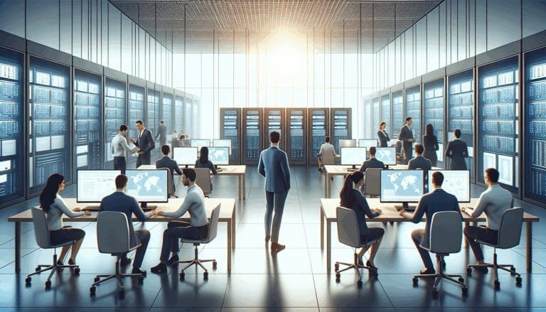 Equipo profesional trabajando en un espacio de tecnología moderna con pantallas y servidores