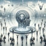 Representación abstracta de inteligencia artificial con elementos tecnológicos en un entorno corporativo