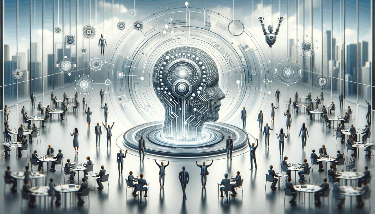 Representación abstracta de inteligencia artificial con elementos tecnológicos en un entorno corporativo