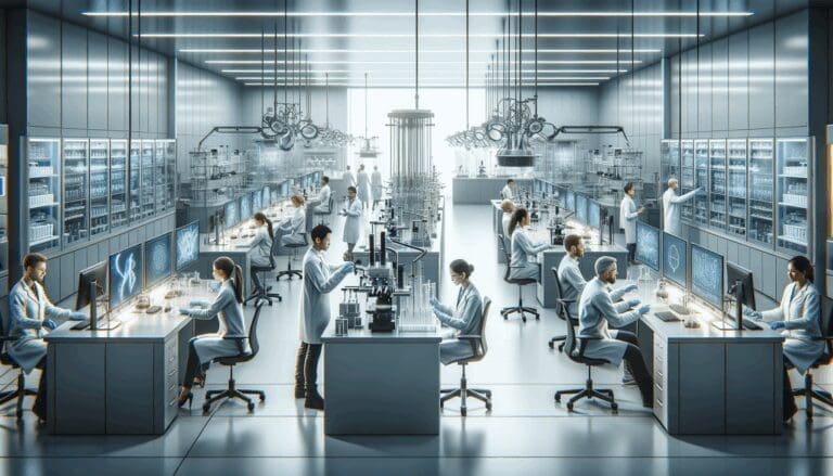 Laboratorio con equipos de alta tecnología y científicos trabajando en investigaciones avanzadas.