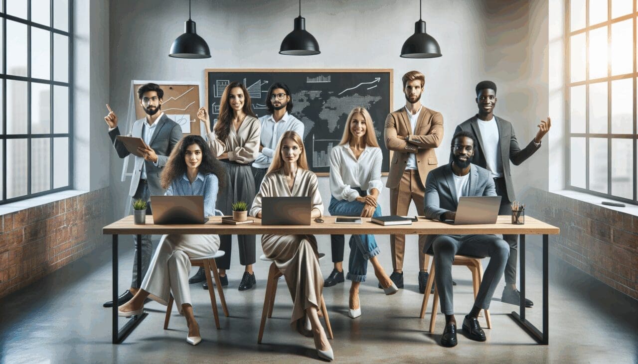 Grupo de emprendedores reunidos en un espacio de coworking moderno con laptops y pizarras
