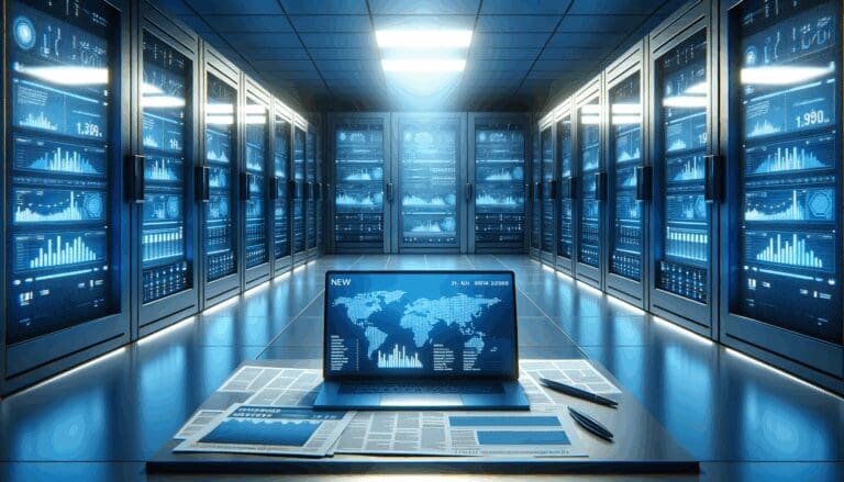 Sala de servidores iluminada en tonos azules con pantallas de datos en tiempo real