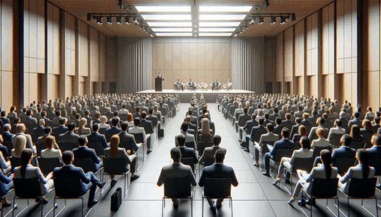 Auditorio moderno con emprendedores escuchando a un conferencista en el escenario