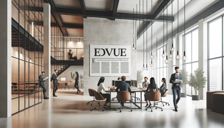 Oficina moderna con equipo creativo colaborando en un espacio con decoración vanguardista