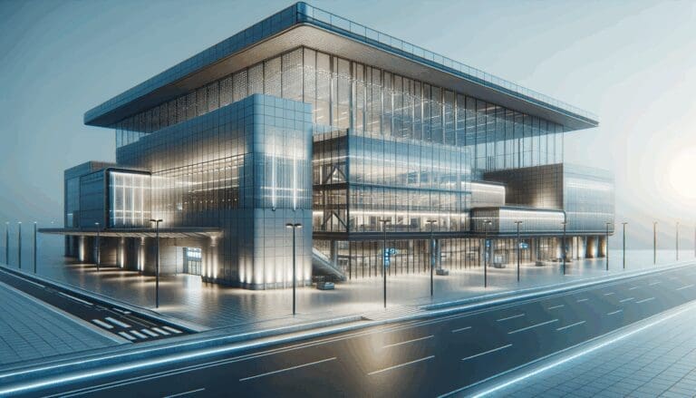 Fachada moderna de un aeropuerto con tecnología digital visible