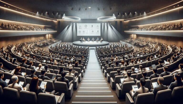 Auditorio moderno con público asistiendo a una conferencia de tecnología