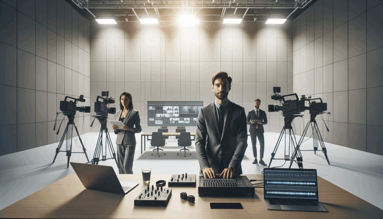 Equipo de producción audiovisual trabajando con herramientas digitales en un estudio moderno