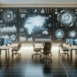 Oficinas tecnológicas futuristas con pantallas de inteligencia artificial y gráficos de inversión