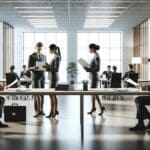 Oficina moderna con abogados revisando documentos