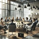 Reunión de emprendedores en un espacio de coworking lleno de tecnología.