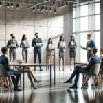 Grupo de emprendedores haciendo pitch ante un jurado en un evento corporativo moderno