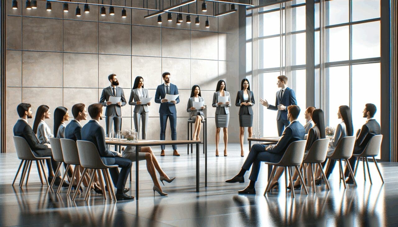 Grupo de emprendedores haciendo pitch ante un jurado en un evento corporativo moderno