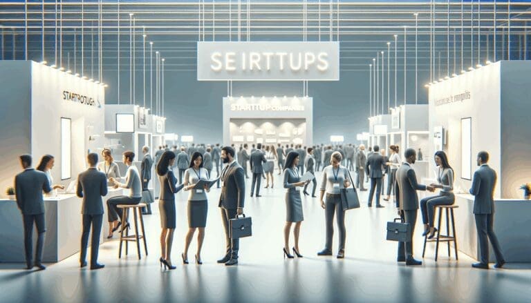 Asistentes interactúan en una feria de tecnología con stands de startups