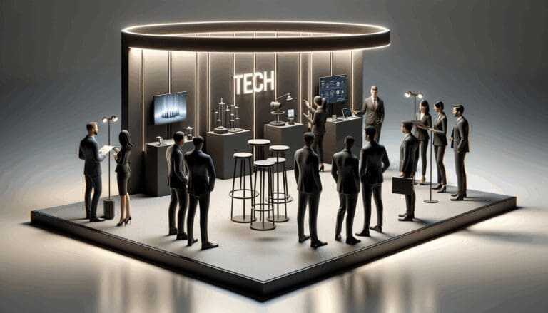 Exposición tecnológica con emprendedores presentando productos en stands modernos