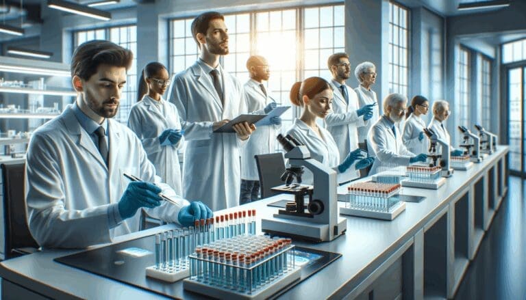 Laboratorio moderno con investigadores manipulando muestras y tecnología biomédica