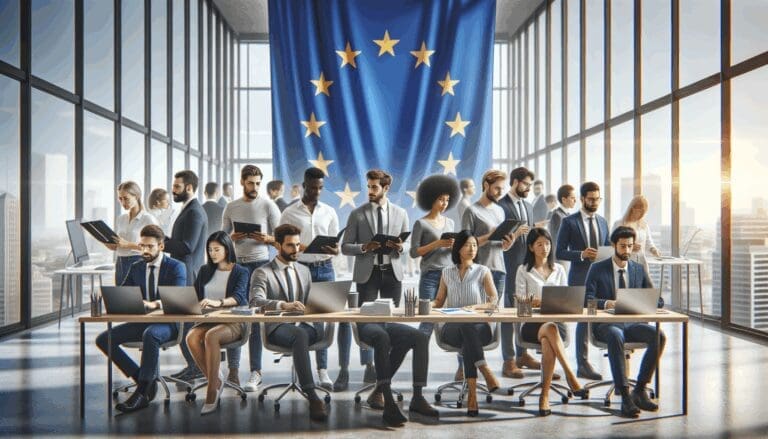 Equipo de emprendedores tecnológicos trabajando en una oficina moderna con banderas de la Unión Europea al fondo
