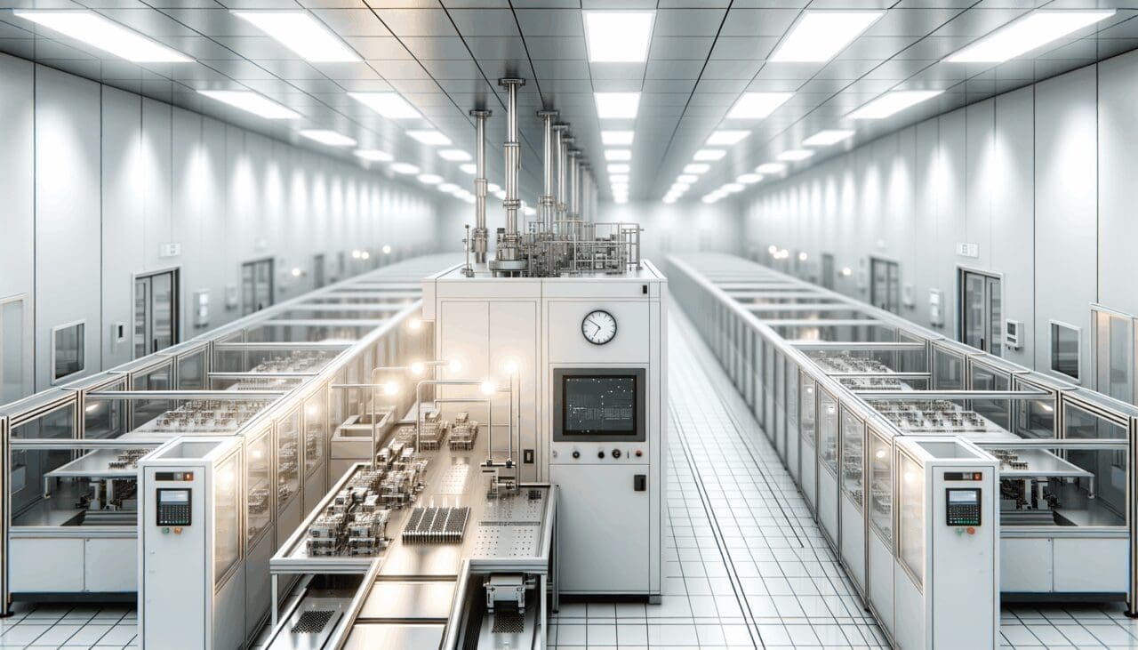 Primer plano de una sala limpia con equipos de fabricación de semiconductores y luces blancas tenues