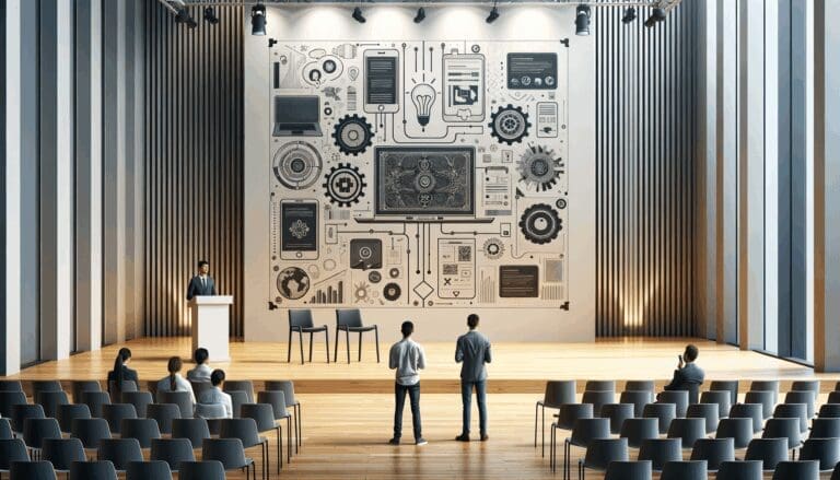 Emprendedores presentando sus soluciones tecnológicas en un auditorio moderno