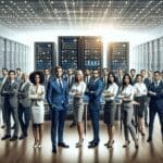 Equipo de emprendedores en una sala con servidores y pantallas tecnológicas de fondo