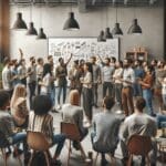 Personas reunidas en una sala de startups, compartiendo ideas frente a una pizarra