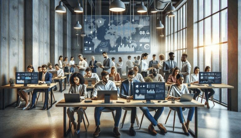 Grupo de emprendedores trabajando frente a pantallas con gráficos tecnológicos en un espacio de coworking moderno