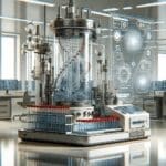 Primer plano de un laboratorio biotecnológico moderno con tubos de ensayo y maquinaria avanzada