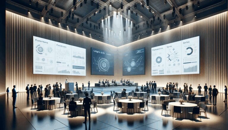 Interior de un evento tecnológico con emprendedores conectando y presentaciones en pantalla