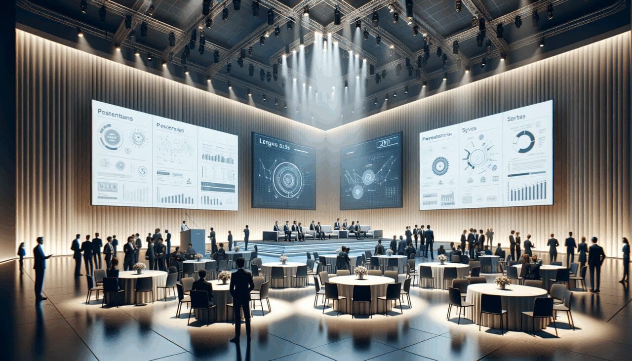 Interior de un evento tecnológico con emprendedores conectando y presentaciones en pantalla