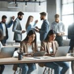 Equipo de emprendedores colaborando en una oficina moderna con laptops y pizarras