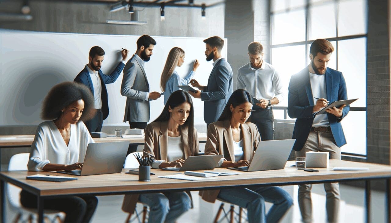 Equipo de emprendedores colaborando en una oficina moderna con laptops y pizarras