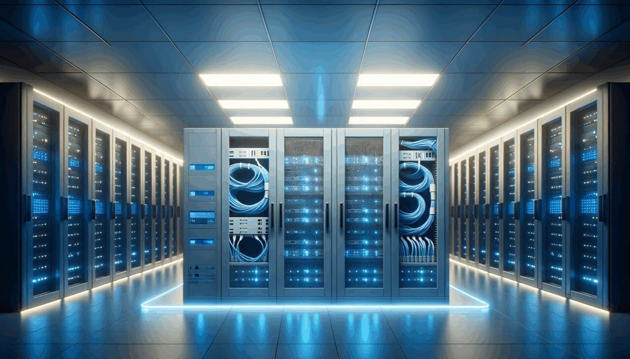 Sala de servidores iluminada con luces azules y cables conectados a equipos tecnológicos