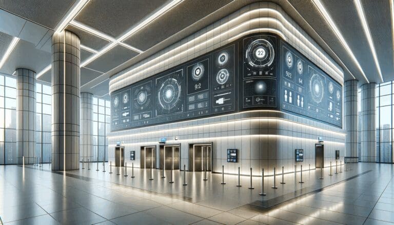 Vista interior de un edificio moderno con paneles digitales y cámaras de seguridad