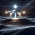 Render de una nave espacial alunizando sobre la superficie lunar, con fondo estrellado