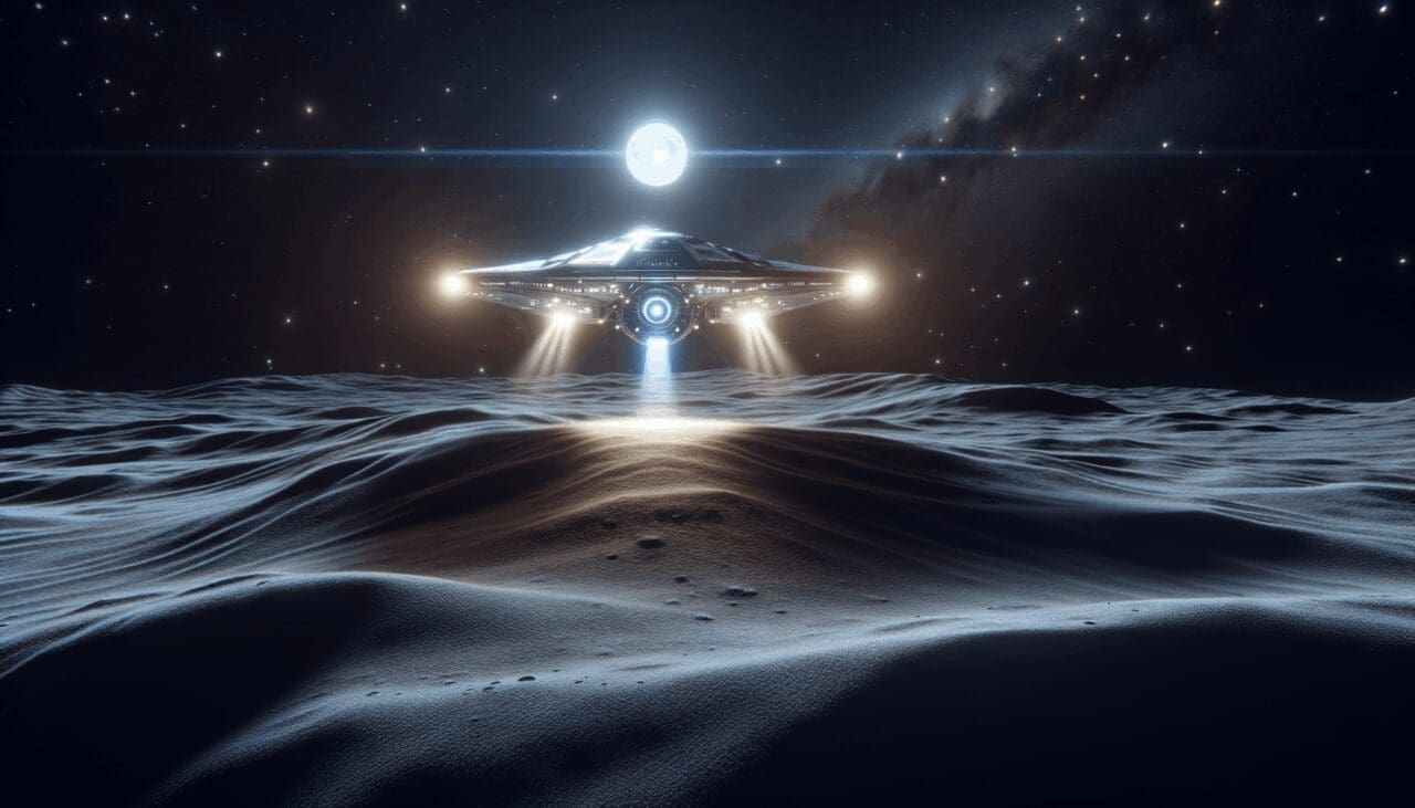 Render de una nave espacial alunizando sobre la superficie lunar, con fondo estrellado