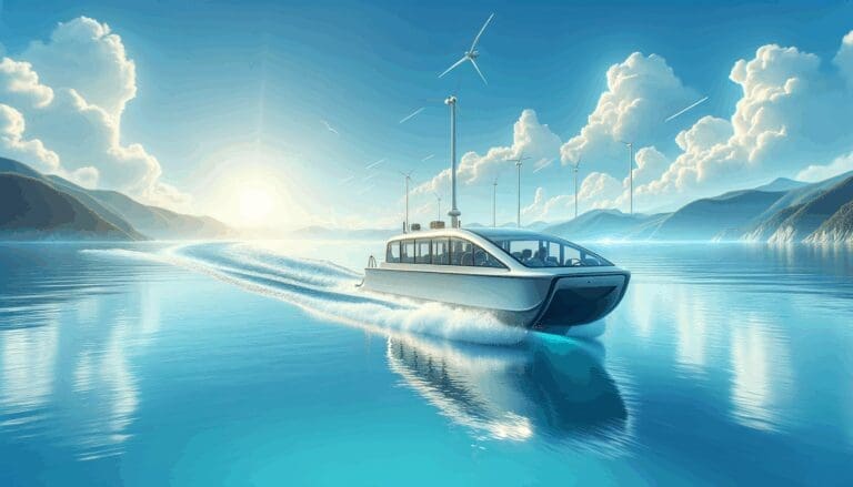 Barco eléctrico navegando en aguas cristalinas con cielos despejados