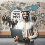 Retrato de un emprendedor sosteniendo un portátil frente a un mural de ideas de impacto social