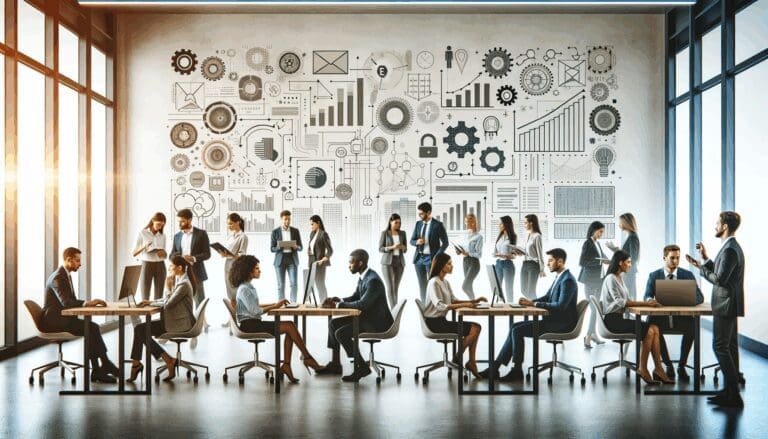 Espacio de innovación con emprendedores colaborando frente a pantallas digitales